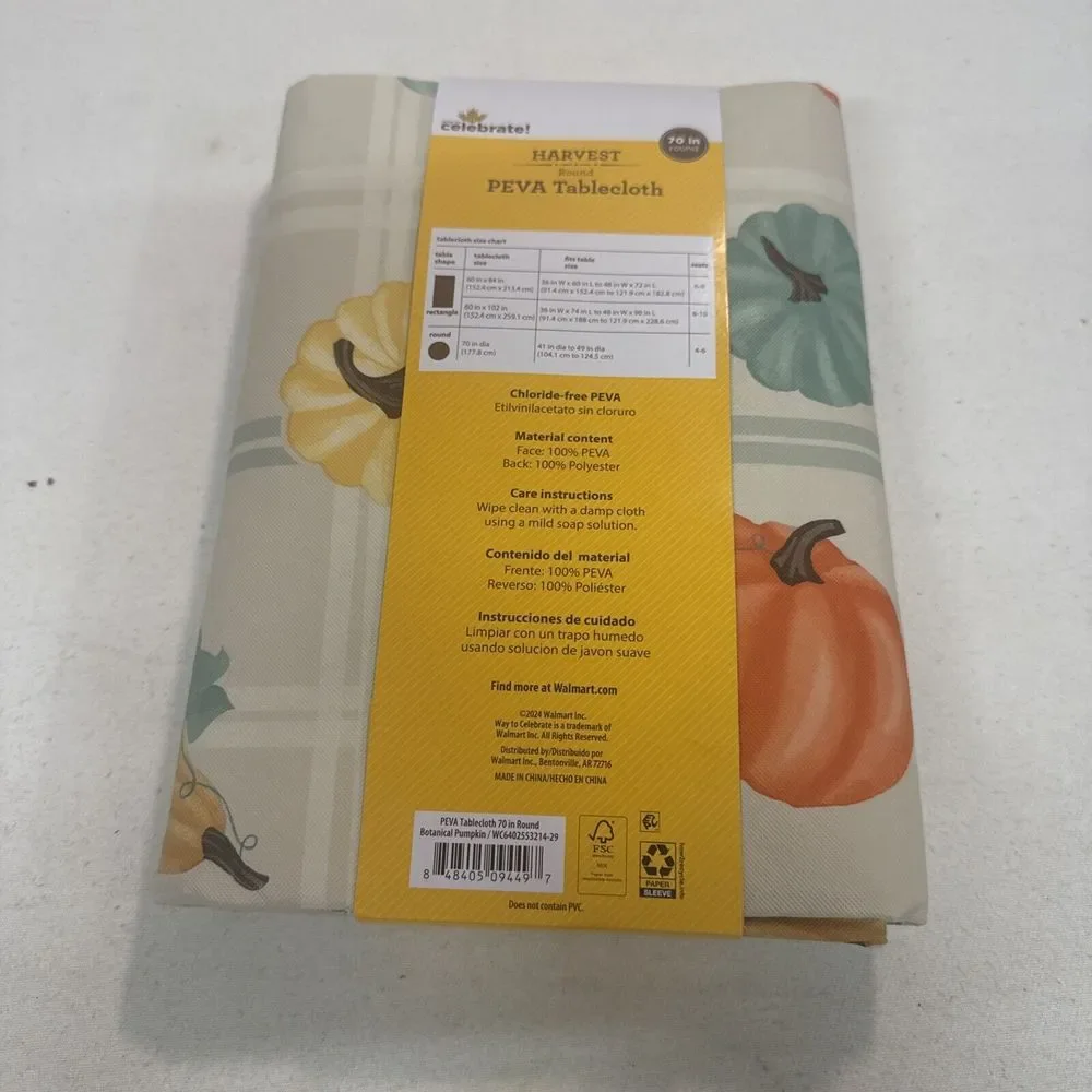 Harvest Round Peva Tablecloth 70 Inch Round Thanksgiving, Fall, Autumn, Holidays
